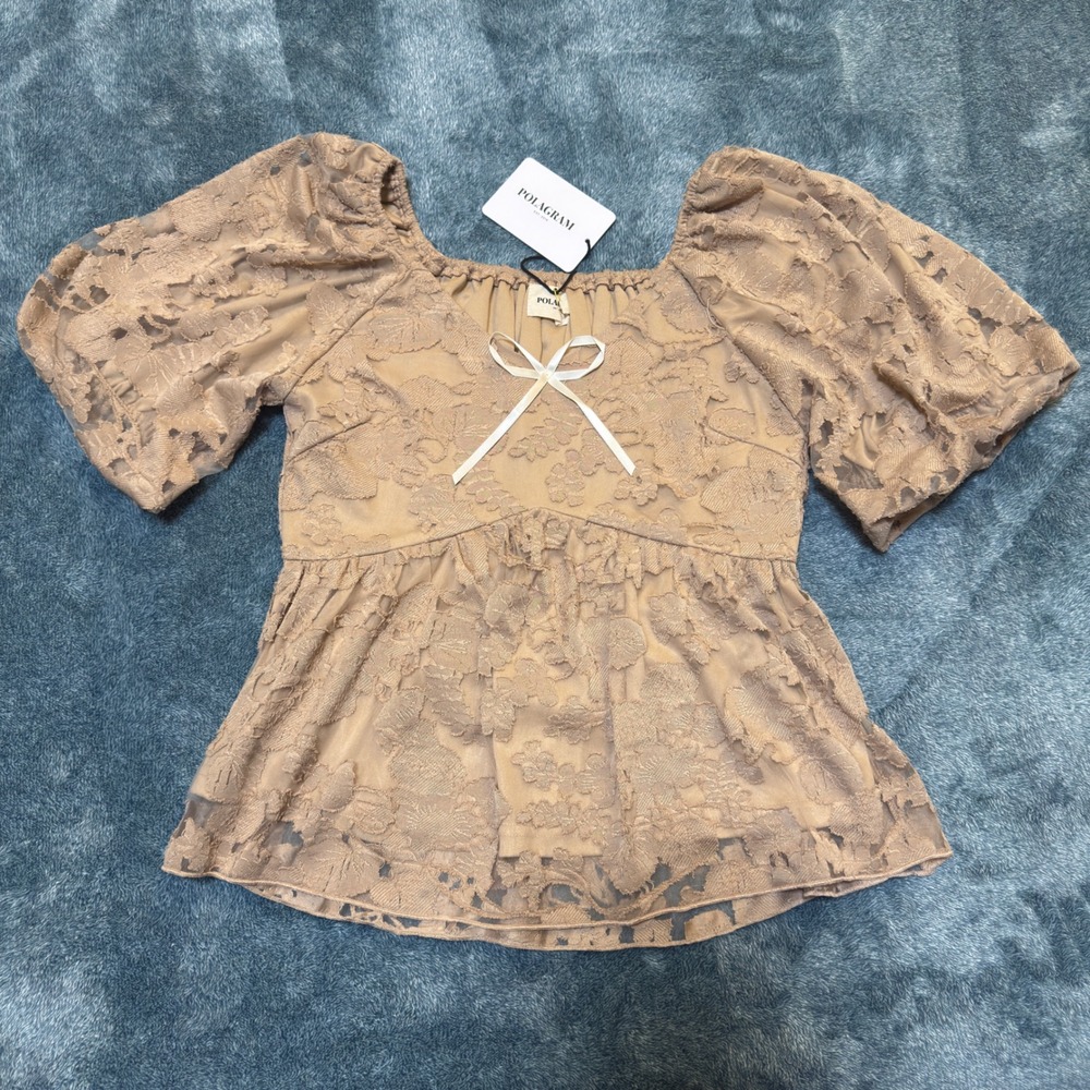 Polagram Beige Lace Babydoll Top Puff Sleeve Boho Blouse Women Small New W/ Tag